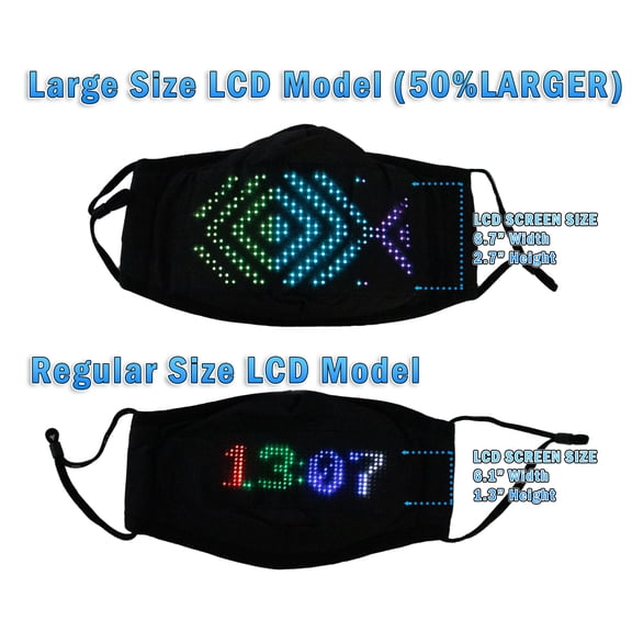 LED Lighted Face Mask - 7 Color Medium Glowing Matrix Display - Bluetooth APP Controlled - Programmable - USB Rechargeable Reusable Cloth Mask w/ Ties For Halloween, Xmas, Holidays, & Costumes