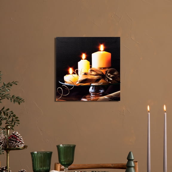 Northlight LED Back Lit Candles with Ribbon on a Platter Canvas Wall Art - 12" x 12"