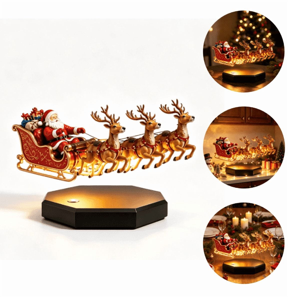 LED Lighted Floating Santa Sleigh With 4 Reindeer, Magnetic Flying Sleigh Christmas Ornament, Striking Decor For Indoor Holiday Party