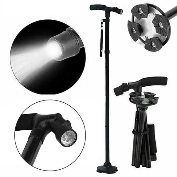 LED Lighted Folding Cane for Seniors - All-Terrain Rotating Triangular Base, Collapsible Walking Stick with Flashlight, Safe & Reliable for Travel, Night Walking & Outdoor Use