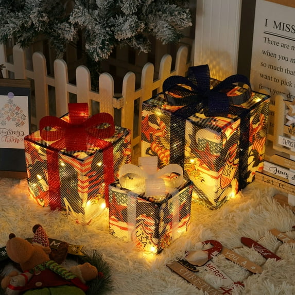 LED Lighted Gift Box Set with Remote Control, Outdoor Christmas Decorations with Warm White Lights, Stackable Holiday Display for Indoor and Outdoor Use(B)