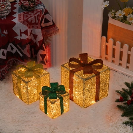 LED Lighted Gift Boxes Set of 3 with Remote Control for Christmas Decorations, Outdoor Yard Display or Indoor Holiday Festive Ambience Home and Seasonal Party Decorative Lighting