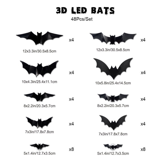LED Lighted Halloween Bat Decorations 48 Pack - Glow in the Dark 3D Bat Wall Stickers for Indoor Outdoor Use - Hanging Window Clings for Home Haunted House Party Decor