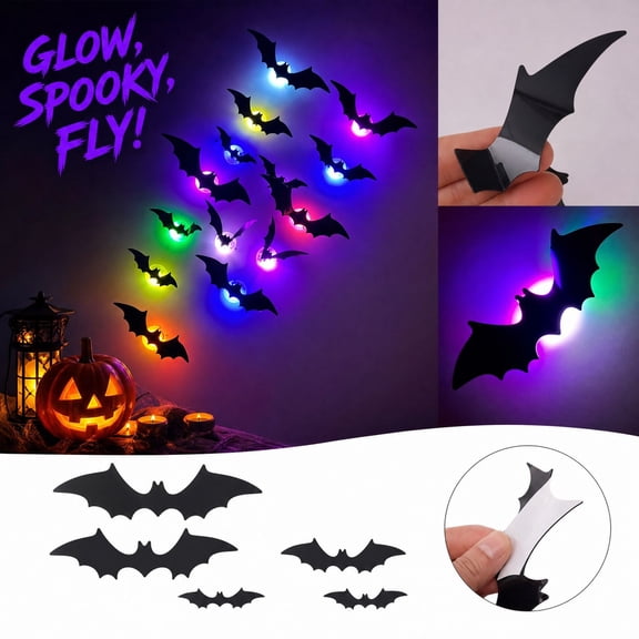 LED Lighted Halloween Bat Wall Decorations, 12 Pcs 3D Glowing Bat Wall Stickers with Colorful Backlight Halo, 4 Sizes Bats for Wall Window Door, Indoor Outdoor Halloween Party Decor