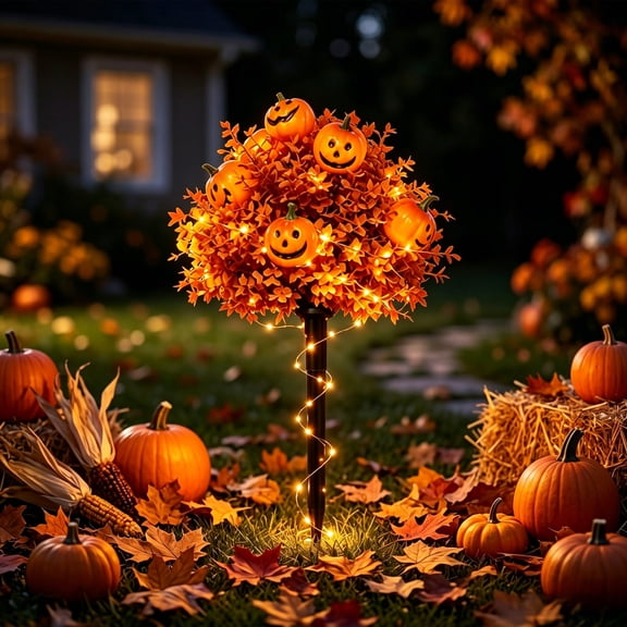 LED Lighted Halloween Pumpkin Yard Stake, Artificial Fall Maple Leaf Floral Plug Decor, Jack O Lantern Glowing Ornament for Lawn Garden Thanksgiving Outdoor Landscape B