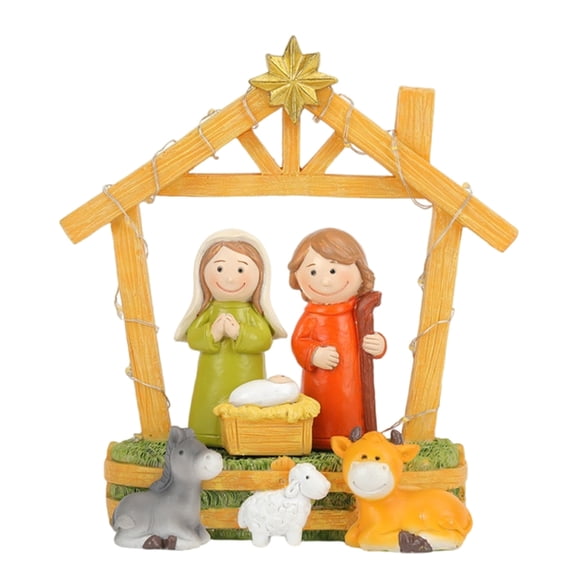 LED Lighted Holiday Resins Manger Nativity Scene Figurines Decors Christmas Themed Tabletop Ornament Set