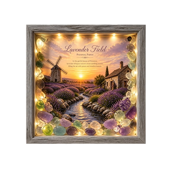 LED Lighted Lavender Field Framed Wall Art, Natural Crystal Stones Inlaid Decorative Artwork, 7.9 Inch Square Desktop Display Ornament, for Bedroom Living Room Aesthetic Home Decoration