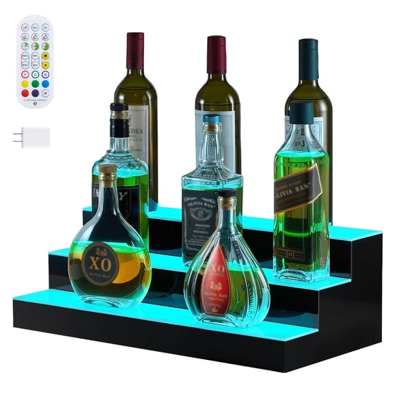 LED Lighted Liquor Bottle Display, 3 Tiers 20 Inches Whiskey Rack, Supports USB, Illuminated Home Bar Shelf with RF Remote & App Control, 9 Static Colors, Acrylic Lighted Shelf for 15 Bottles