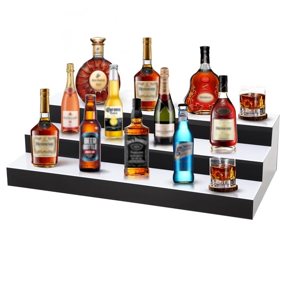 LED Lighted Liquor Bottle Display, 3 Tiers 30 Inch LED Liquor Shelves with RF Remote, LED Liquor Shelves with 16 Static Colors,Home Bar Liquor Bottle Accessories Acrylic Shelf