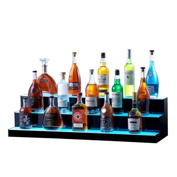 LED Lighted Liquor Bottle Display, 3 Tiers 40 Inch Commercial Illuminated Home Bar Shelf, 3 Steps Whiskey Rack Stand, Acrylic Drink Shelves with RF Remote & App Control, and Multicolor lighting