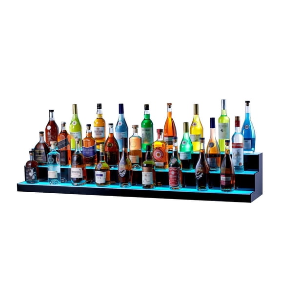 LED Lighted Liquor Bottle Display, 3 Tiers 60 Inch Commercial Illuminated Home Bar Shelf, 3 Steps Whiskey Rack Stand, Acrylic Drink Shelves with RF Remote & App Control, and Multicolor lighting