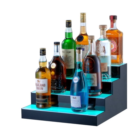 LED Lighted Liquor Bottle Display, 4 Tiers 16 Inch Commercial Illuminated Home Bar Shelf, 4 Steps Whiskey Rack Stand, Acrylic Drink Shelves with RF Remote & App Control, and Multicolor lighting