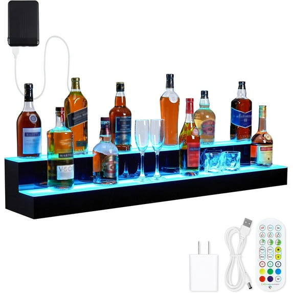 LED Lighted Liquor Bottle Display Shelf - 2-Tier 48 Inch Acrylic Display with Remote & App Control, 16 Colors, 4 Modes for Liquor Shelving