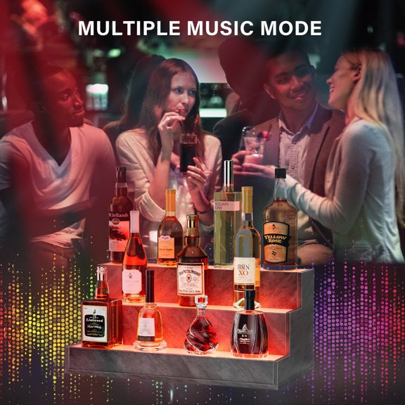 LED Lighted Liquor Bottle Display Shelf, 24 Inch Bar Display Shelf with App & Remote Control, 3 Step Freestanding Illuminated Bottle Shelf for Home Bar, Party, Grey Engineered Wood