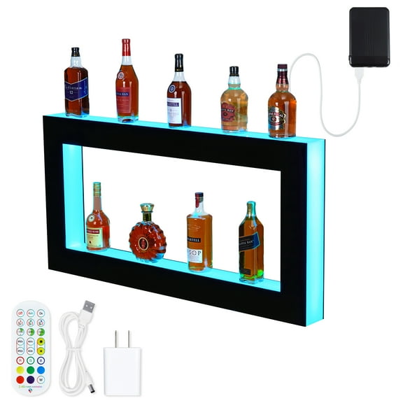 LED Lighted Liquor Bottle Display Shelf - 3 Steps 30 Inches Acrylic Shelves with RF Remote & App Control, Multicolor Lighting Bar Shelves for Alcohol Display Stand