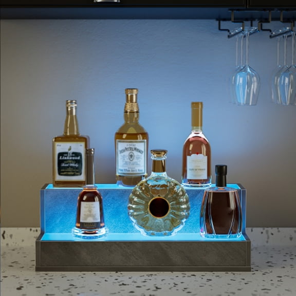 LED Lighted Liquor Bottle Display Shelf, 3 Tier Illuminated Home Bar Shelf with App Remote Control, Wooden Bar Shelves For Liquor Bottles