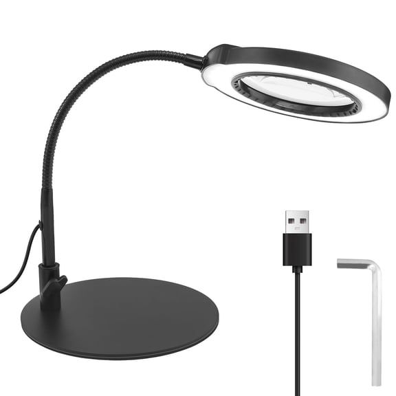 LED Lighted Magnifying Glass Desk Lamp Flexible Gooseneck Craft Magnifier (black )