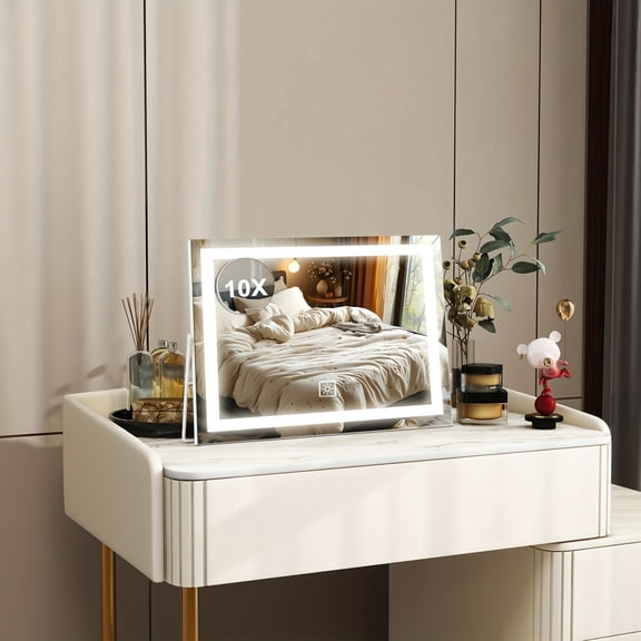 LED Lighted Makeup Mirror with Detachable 10X Magnification, Smart Touch Control, 3 Lighting Modes, Stepless Dimming, 360 Rotation, for Bathroom, Dressing Table & Ideal Gift