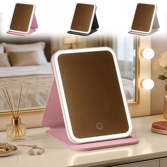 LED Lighted Makeup Mirror Folding Vanity – Portable Rechargeable Travel Desk Mirror with Tri Color Dimmable Lights, HD Glass for Dorm, Student, and Small Spaces