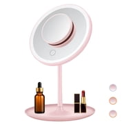 LED Lighted Makeup Mirror with Stand, Rechargeable Vanity Mirror with Touch Control, 360  Ring Light Cosmetic Mirror with Storage Base for Dressing Table,Pink