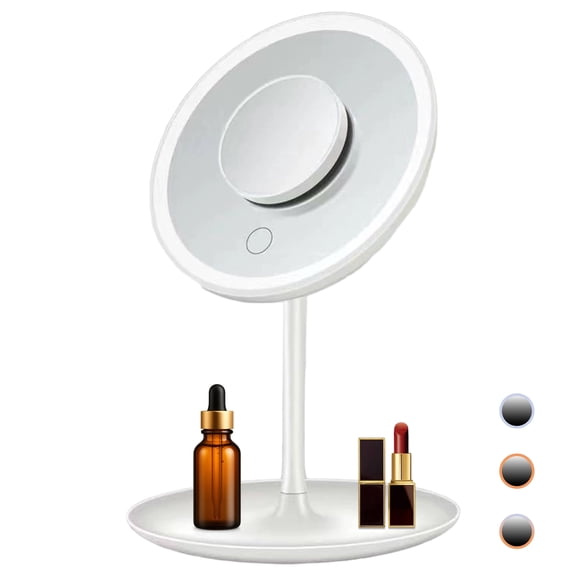 LED Lighted Makeup Mirror with Stand, Rechargeable Vanity Mirror with Touch Control, 360° Ring Light Cosmetic Mirror with Storage Base for Dressing Table,White