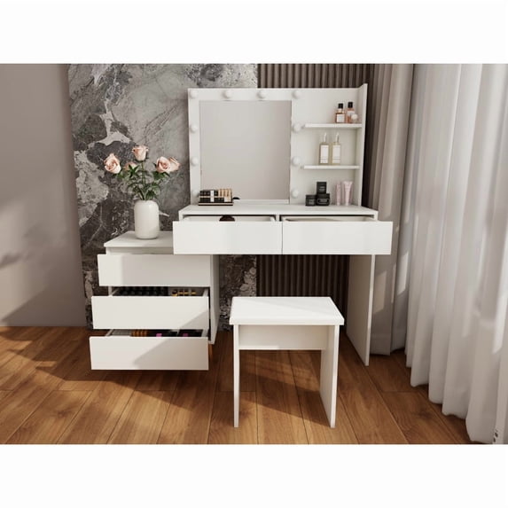 LED Lighted Makeup Vanity Table with Mirror - White Beauty Station with Storage Drawers, Matching Stool, and Organizing Compartments for Makeup Brushes and Cosmetics