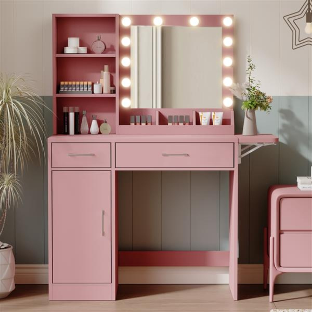 LED Lighted Mirror Makeup Vanity Desk with Elegant Design and