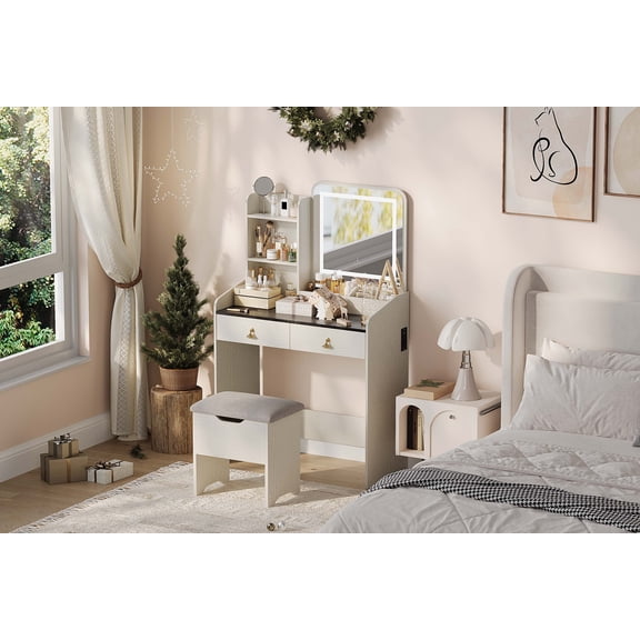 LED Lighted Mirror Small Vanity Desk with Charging Station 2 Drawers, 4 Open Shelves, Storage Stool Modern Makeup Table Set for Bedroom, Girls & Women Cream White + Stone Gray Tabletop
