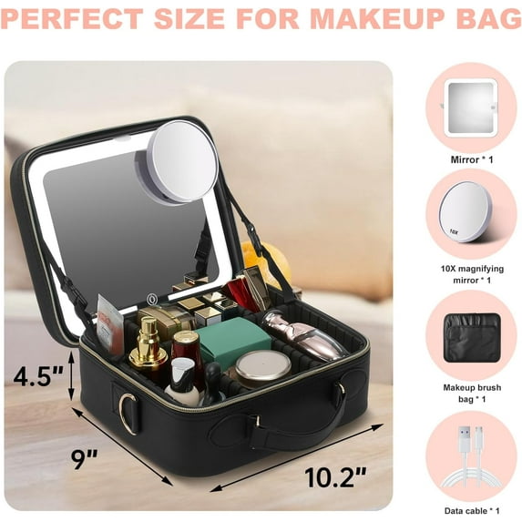 LED Lighted Mirror Travel Makeup Bag with 10X Magnifier, Adjustable Brightness, Rechargeable & Portable Storage