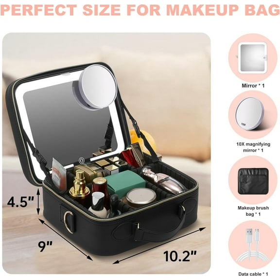 LED Lighted Mirror Travel Makeup Bag with 10X Magnifier, Adjustable Brightness, Rechargeable & Portable Storage