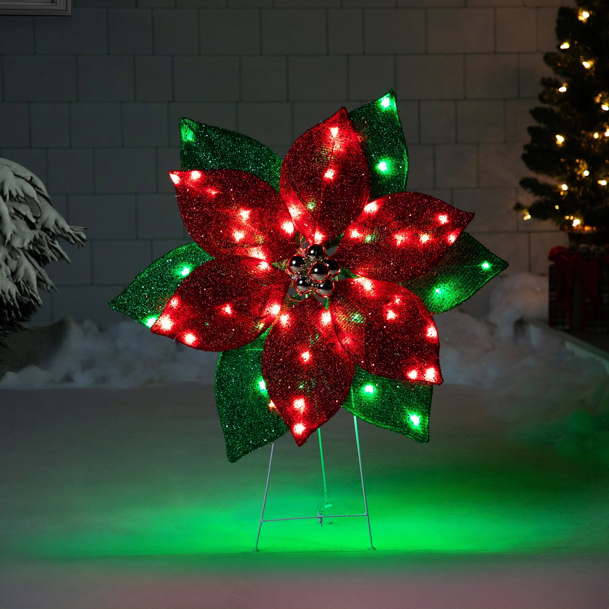 LED Lighted Poinsettia Outdoor Christmas Yard Decoration - 34" - Red and Green
