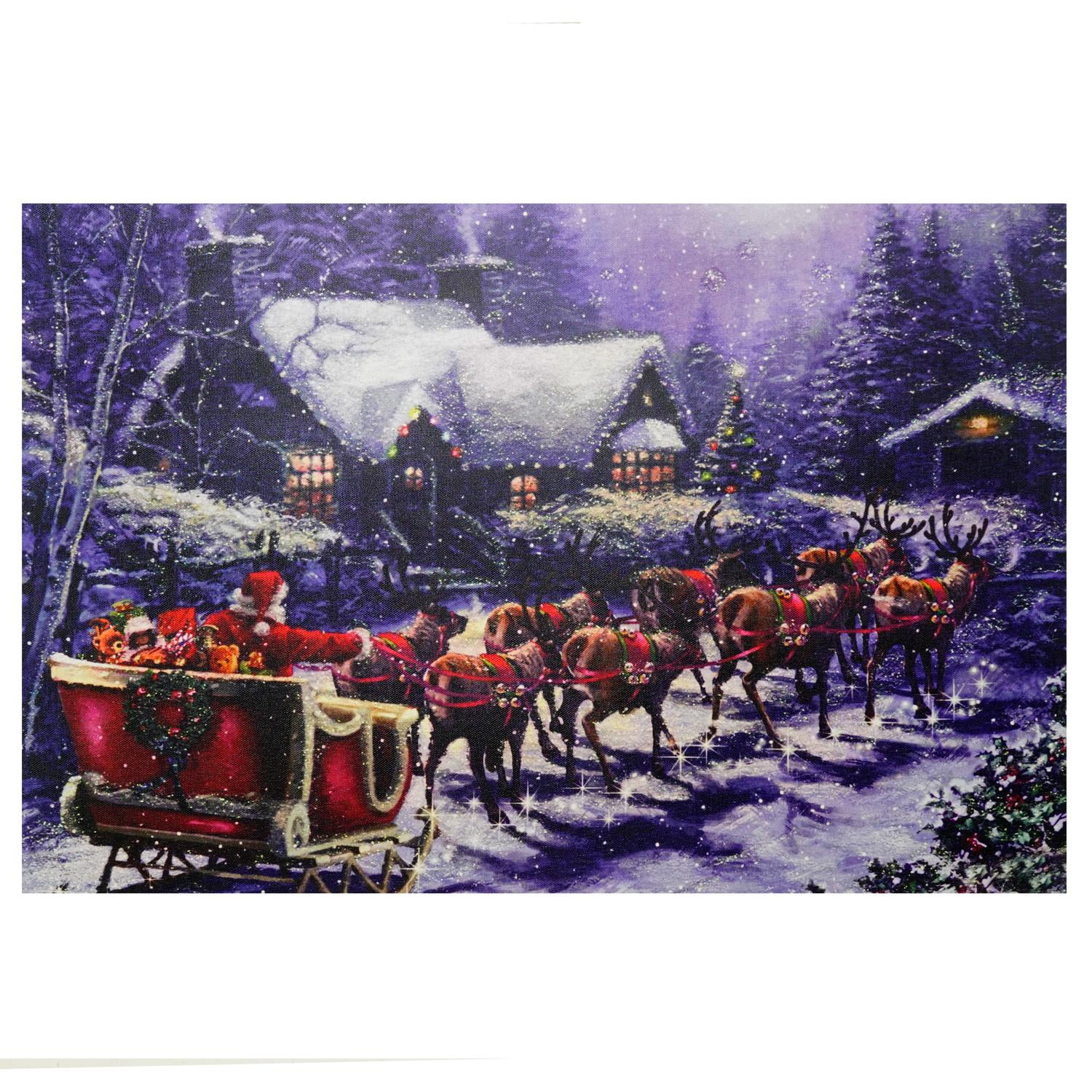 LED Lighted Santa and Reindeer Making Deliveries Christmas Canvas Wall