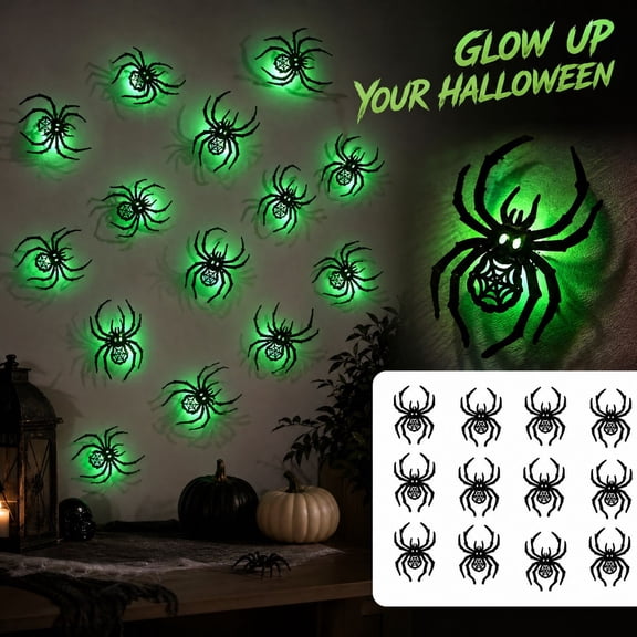 LED Lighted Spider Halloween Decorations 12 Pcs, 3D Glowing Spider Wall Stickers with Green LED Lights, 4 Sizes Spiders for Wall Window Door Fireplace, Halloween Party Haunted House Decor