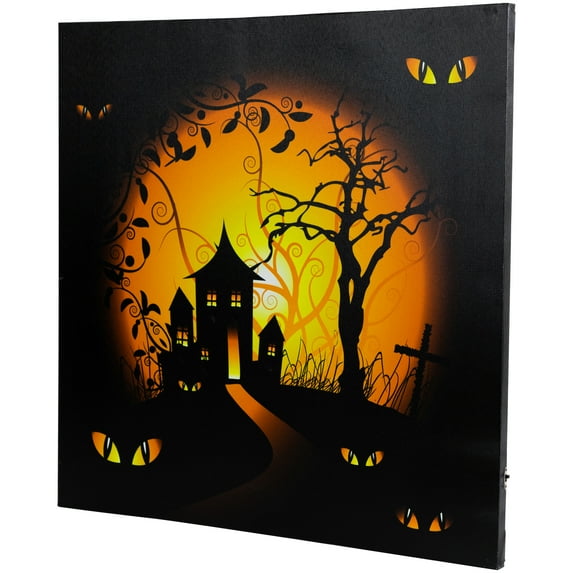 LED Lighted Spooky House and Eyes Halloween Canvas Wall Art 19.75" x 19.75"
