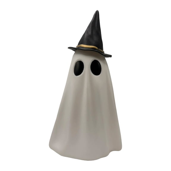 LED Lighted Standing Ghost Decor with Witch Hat Cute Glowing Halloween Tabletop Ornament Multi Color Weatherproof Spooky Figure for Porch Yard Mantel Living Room Party 9.45Inch
