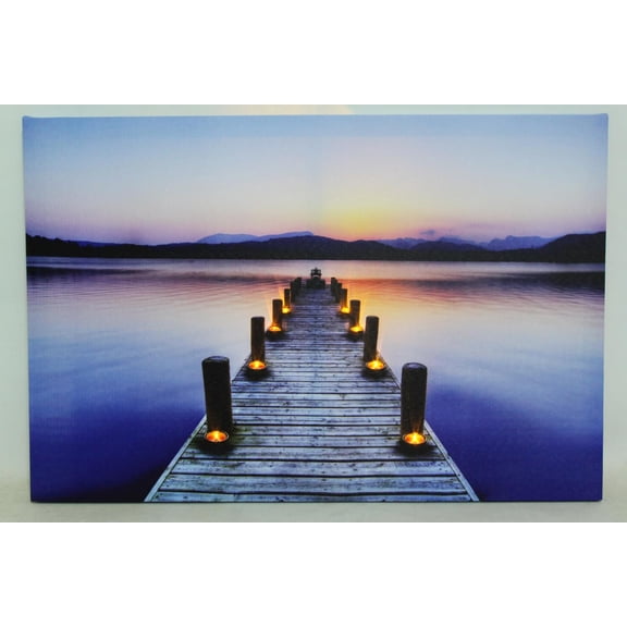 LED Lighted Sunset Boat Dock Scene Canvas Wall Art 15.75" x 23.5"