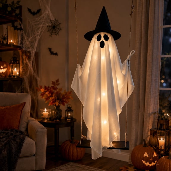 LED Lighted Swing Witch Ghost Halloween Decor – 3 Sizes 1.2M/1.5M/1.8M Multi-Color Glow Ghost Pendant – Vintage Halloween Decor for Yard Outdoor Halloween Decor