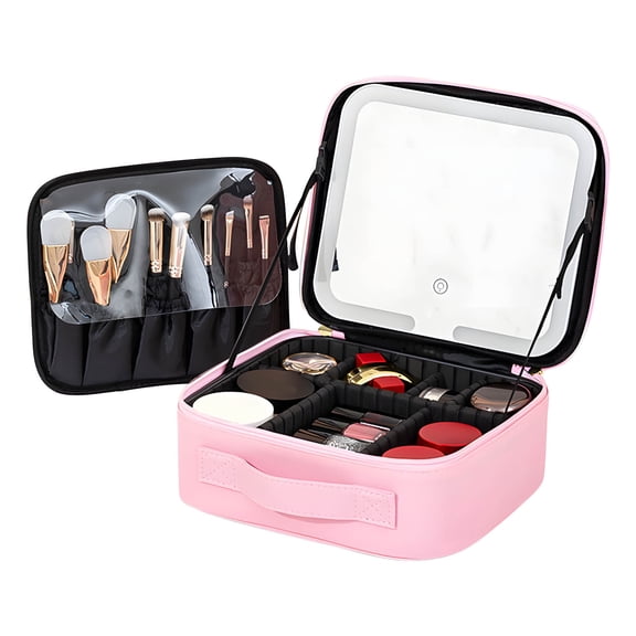 LED Lighted Travel Makeup Bag Spacious Waterproof PU Cosmetic Case With Glasses And Compartments Lighted Makeup Pouches