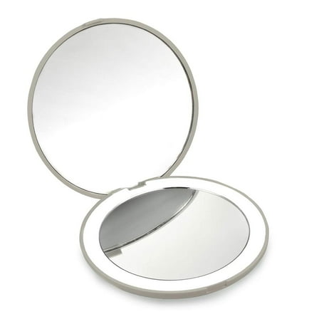 LED Lighted Travel Makeup Mirror, 1x/10x Magnification Compact Mirror, Portable for Handbag, Purse, Pocket, 3.5 inch Illuminated Folding Mirror, Handheld 2-Sided Mirror, Round, White