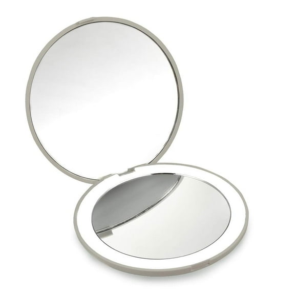 LED Lighted Travel Makeup Mirror, 1x/10x Magnification Compact Mirror, Portable for Handbag, Purse, Pocket, 3.5 inch Illuminated Folding Mirror, Handheld 2-Sided Mirror, Round, White