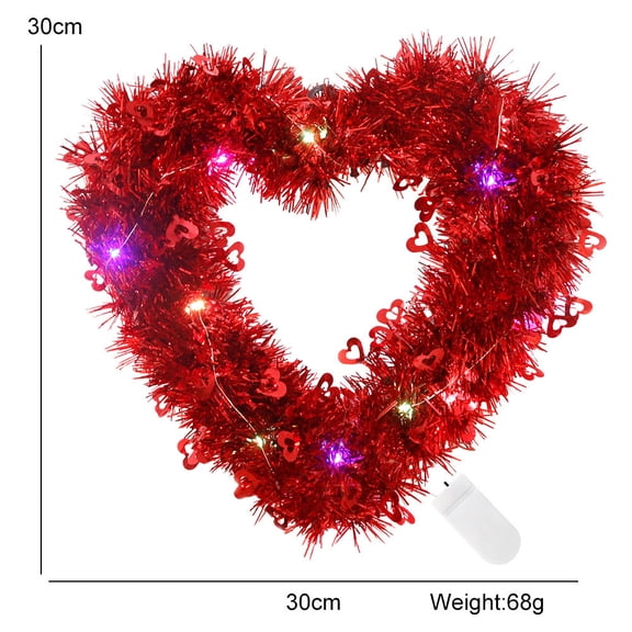 LED Lighted Valentine Heart Wreaths 11.8“ Tinsel Heart Shaped Wreaths with Foil Hearts Hanging Valentine's Day Decorations for Wedding Engagement Anniversary Birthday Front Door Window Home (Red)