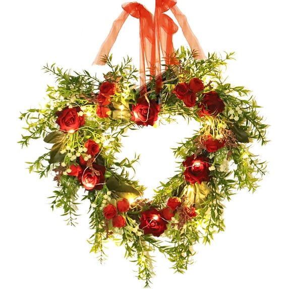 LED Lighted Valentine's Day Wreath, 16 Inch Heart Shaped Garland Simulation Red Rose Flower Wreath for Front Door Wedding Hanging