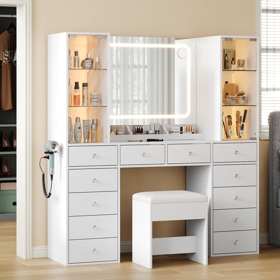 LED Lighted Vanity Desk with 11 Drawers & 2 RGB Glass Cabinets, Large Makeup Table with Tempered Glass Top, Dimmable Brightness & Power Outlet, Modern Vanity Set for Bedroom