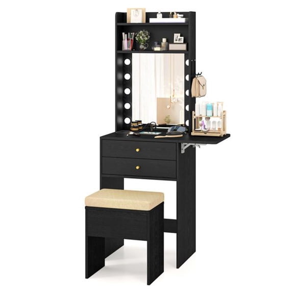 LED Lighted Vanity Makeup Desk with Foldable Tabletop, 3 Color Lighting Modes, Charging Station, 2 Drawers, Open Shelves, Cushioned Stool, Space Saving Dressing Table for Bedroom, Black