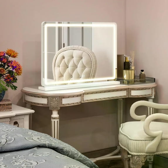 LED Lighted Vanity Mirror with Aluminum Frame, Dimmable 3 Color Modes & Memory Function, Makeup Mirror for Bathroom Bedroom