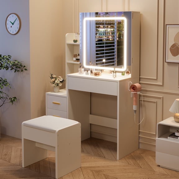 LED Lighted Vanity with Stool, 4 Drawers Makeup Vanity Table with Sliding Mirror & Open Shelves, Modern Dressing Vanity Set for Bedroom Bathroom, White