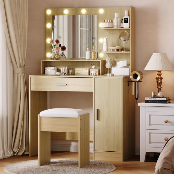 LED Lighted Vanity Table with Mirror, Power Socket, Hairdryer Holder & Open Storage Shelf, Adjustable Brightness, Soft Cushioned Stool, Bedroom Makeup Dressing Desk