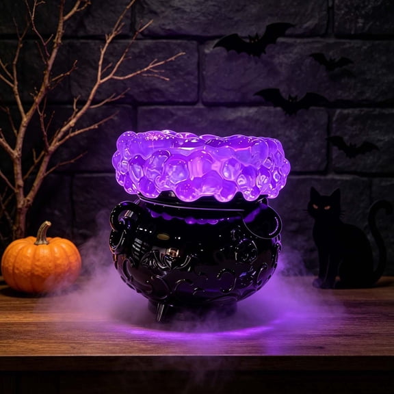 LED Lighted Witch Cauldron Candle Stand, Bubbling Mist Halloween Home Table Decor