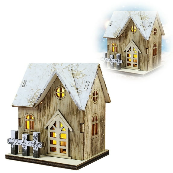 LED Lighted Wooden Christmas Village Desktop Ornament 8x7x9.5cm, Snowy Cabin Houses for Home Office Tabletop Winter Holiday Decorations