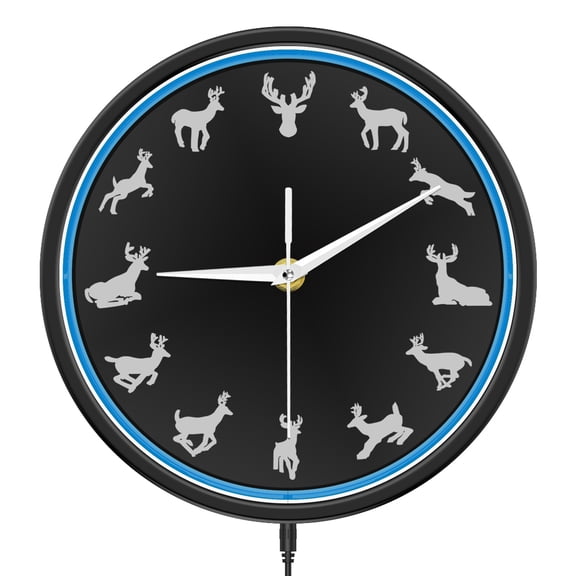 LED Lighting Deer Silhouette Wall Clock for Cabin Lodge Wildlife Home Decor Stag and Buck Metal Frame Wall Clock with Neon Light